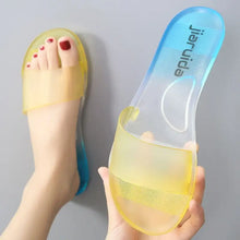 Translucent ombre yellow and blue open toe flats slippers
