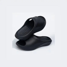 Black open toe platform slippers with textured footbeds