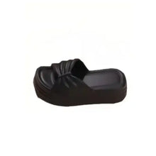 Black ruched open toe platform slippers