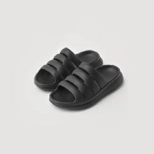Black open toe platform slippers with double straps and cushioned sole