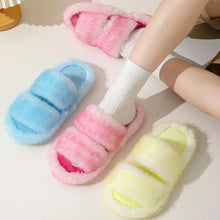 Fluffy colorful open toe platform slippers in pink, blue, yellow