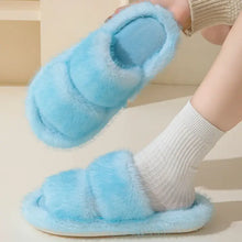 Fluffy light blue open toe platform slippers with wide straps