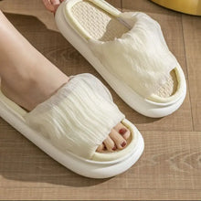 Open toe platform slippers with off-white pleated straps and woven insoles
