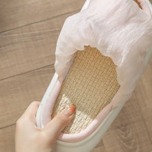 White open toe platform slippers with woven straw sole and pink trim