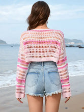 Openwork boat neck dropped shoulder pink striped cropped sweater with denim shorts