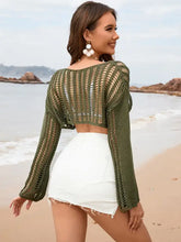 Women’s olive green openwork boat neck long sleeve crop top