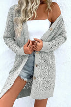 Grey openwork button long sleeve cardigan with pockets