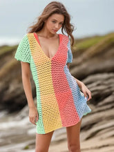 Openwork color block V-neck short sleeve crochet cover-up dress