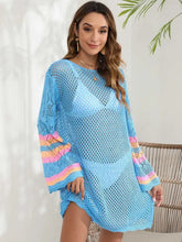 Light blue openwork contrast long sleeve crochet cover-up with striped sleeves