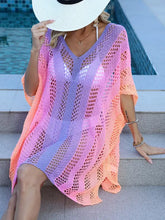 Semi-sheer stretch openwork contrast V-neck knit cover-up