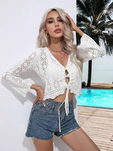 Openwork Drawstring V-Neck Long Sleeve Cover-Up Swimwear Cover-Ups