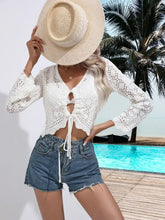 Openwork Drawstring V-Neck Long Sleeve Cover-Up Swimwear Cover-Ups