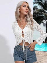 White openwork drawstring long sleeve V-neck crop top cover-up