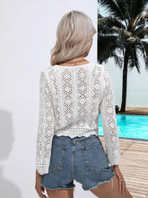 Women’s white eyelet knit openwork drawstring long sleeve crop top