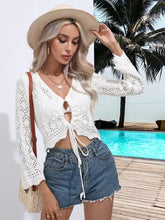 White openwork drawstring long sleeve V-neck crochet cardigan