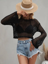Openwork Flare Sleeve Cropped Cover Up Black Swimwear Cover-Ups