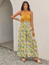 Gelber Neckholder-Jumpsuit mit Blumenmuster, weitem Bein und Lochstickerei, maschinenwaschbar bei Kaltwäsche