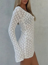 White openwork long-sleeve knit dress with leaf pattern, back view