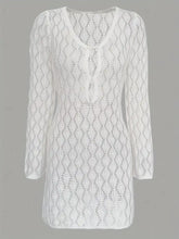 White openwork long-sleeve knit top with V-neck tie-front detail