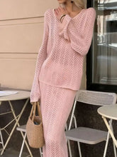 Openwork long sleeve knit top and skirt set in soft pink herringbone