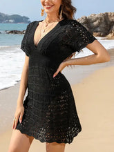 Black openwork plunge short sleeve V-neck beach cover-up dress