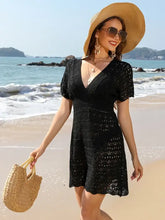 Openwork Plunge Short Sleeve Cover-Up Dress Swimwear Cover-Ups