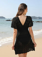 Openwork Plunge Short Sleeve Cover-Up Dress Swimwear Cover-Ups