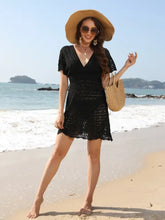 Openwork Plunge Short Sleeve Cover-Up Dress Swimwear Cover-Ups