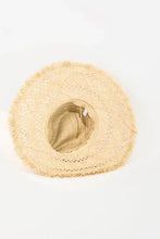 Light beige openwork raw hem straw sun hat with frayed brim