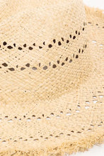 Light brown openwork raw hem straw sun hat with frayed brim