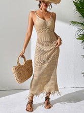 Beige spaghetti-strap openwork scoop neck crochet maxi dress with fringe