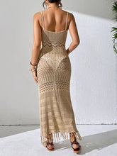 Openwork scoop neck beige crochet knit maxi dress with fringe hem