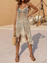 Cream openwork scoop neck spaghetti strap crochet beach cover-up dress