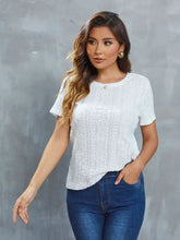 White openwork short sleeve round neck top with moderate stretch