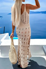 Beige openwork slit scoop neck sleeveless cover up dress with high slit