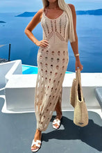 Beige openwork slit scoop neck sleeveless crochet maxi cover up dress