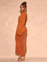 Burnt orange openwork square neck flare sleeve maxi dress