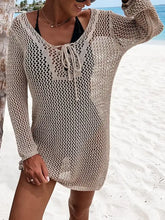 Beige long-sleeve openwork tie neck crochet cover-up dress