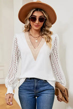Women’s white V-neck long sleeve T-shirt with lace sleeves and crochet trim