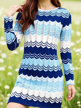 Openwork wave pattern long sleeve navy knit sweater dress