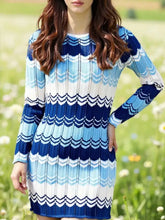 Openwork wave pattern long sleeve sweater dress in navy, light blue, white stripes