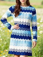Openwork wave pattern long sleeve sweater dress in navy and light blue