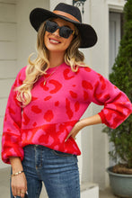 Orange and Purple Leopard Print Sweater with Round Neck and Regular Sleeve Length Hot Pink