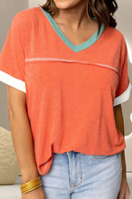 Orange and Teal V-Neck Short Sleeve T-Shirt for Women Orange