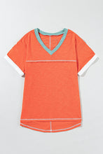 Orange and Teal V-Neck Short Sleeve T-Shirt for Women