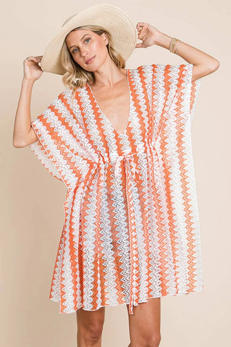 Orange and White Chevron Multi Crochet Lace Cover-Up Dress Orange