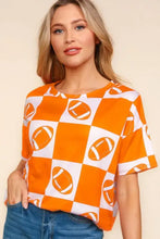 Orange and white football checkered print short sleeve t-shirt for women