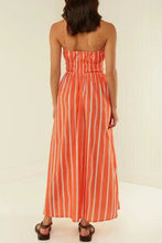 Orange and white striped square neck cami dress with ruched bodice