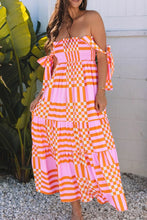 Orange Checkered Strapless Maxi Sundress