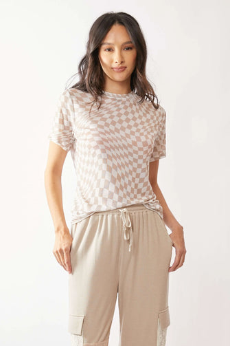 Orange Checkered Tie Dye T Shirt with Product Measurements for Women IVORY TAUPE